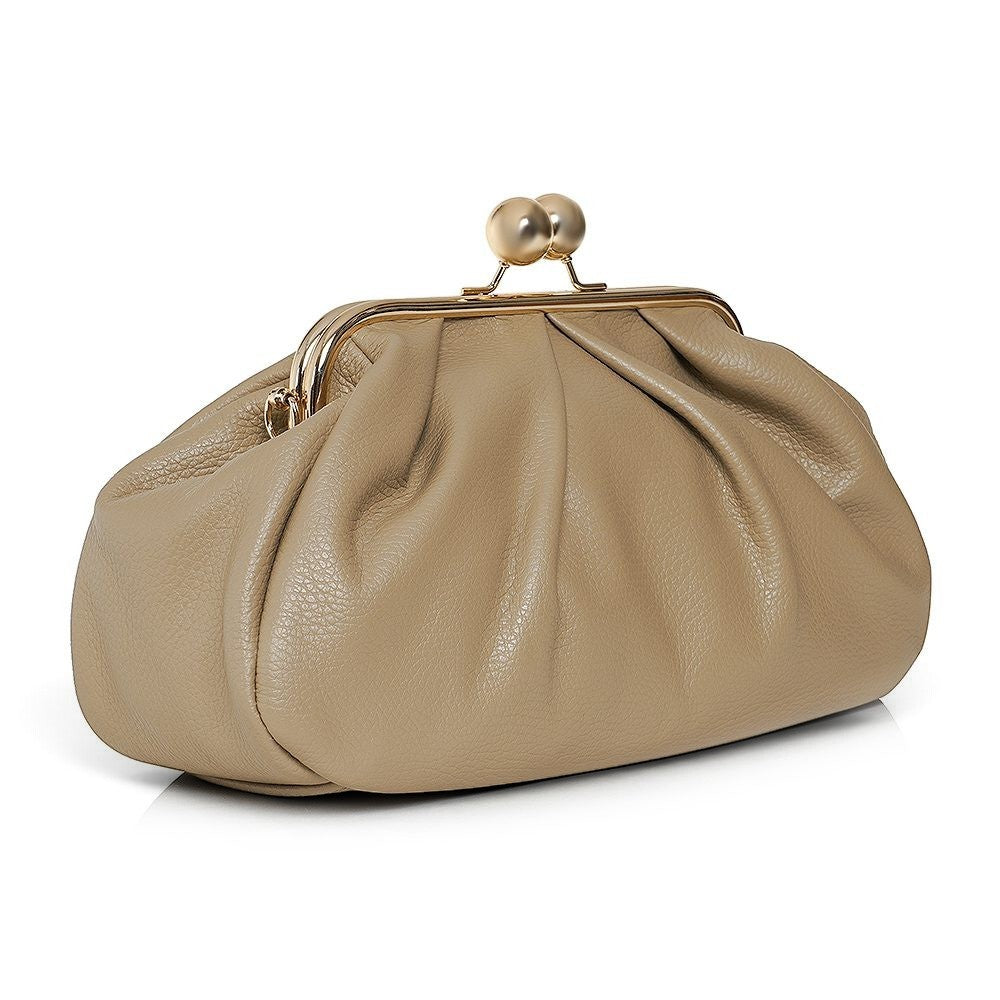 ShoeShop Pasticcino medium clutch bag in beige pebbled leather with a gold-toned metal ball clasp closure