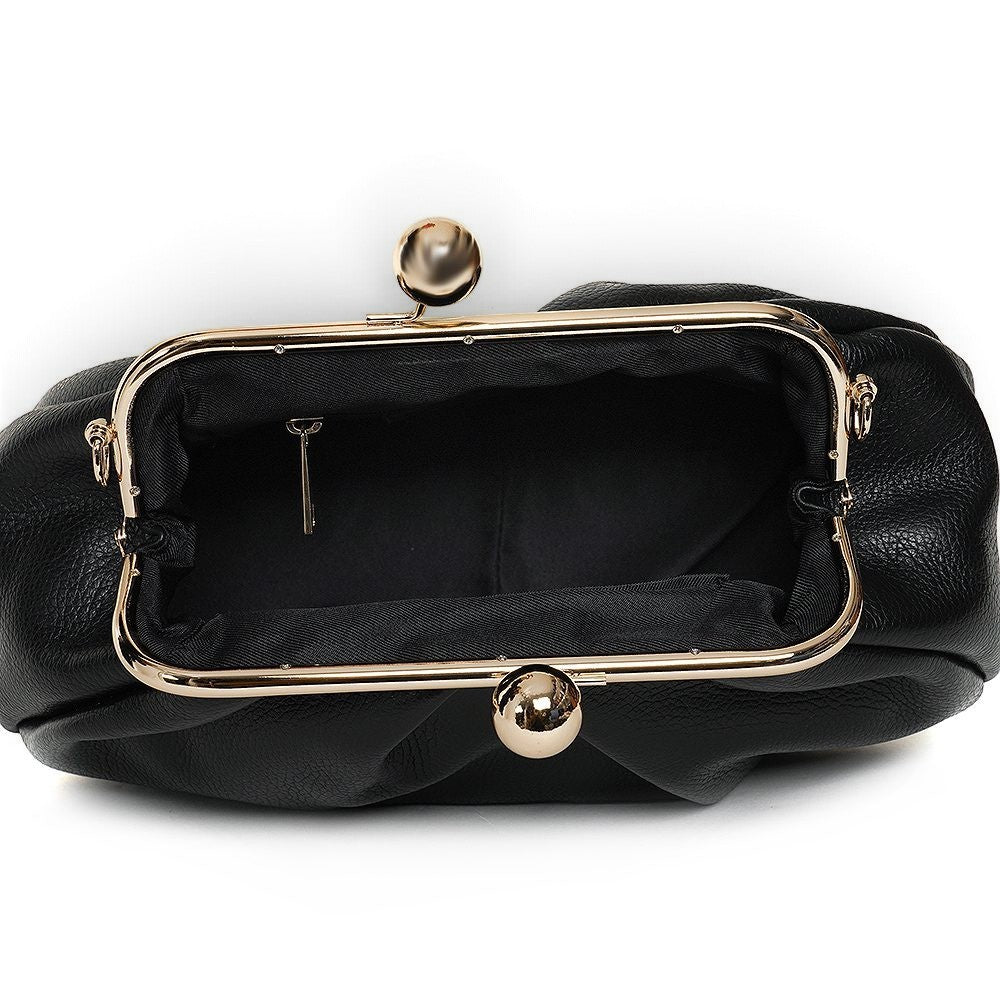 ShoeShop Pasticcino black leather clutch bag with gold-tone metal clasp and fabric interior lining