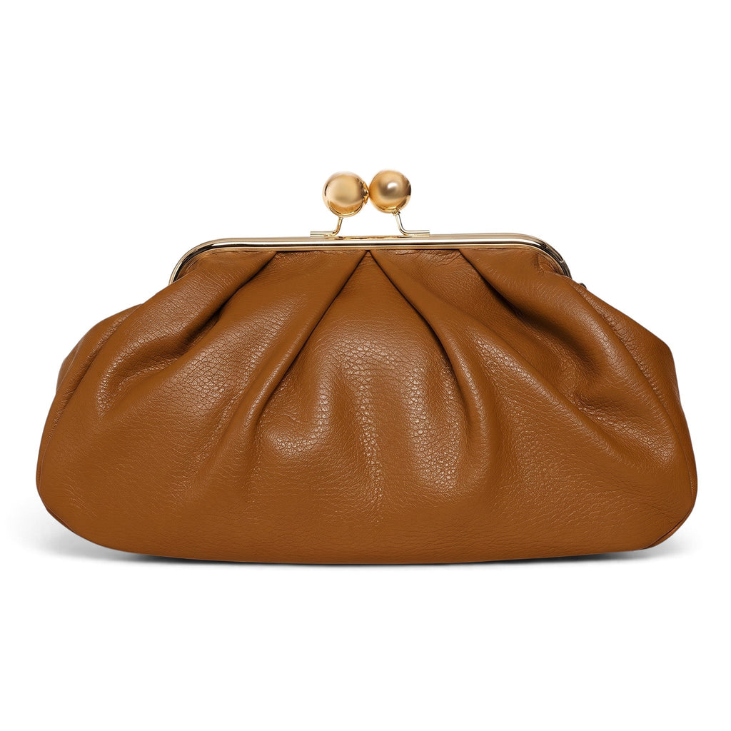 ShoeShop Pasticcino medium brown leather clutch bag with a gold-toned metal frame and spherical clasp closure.