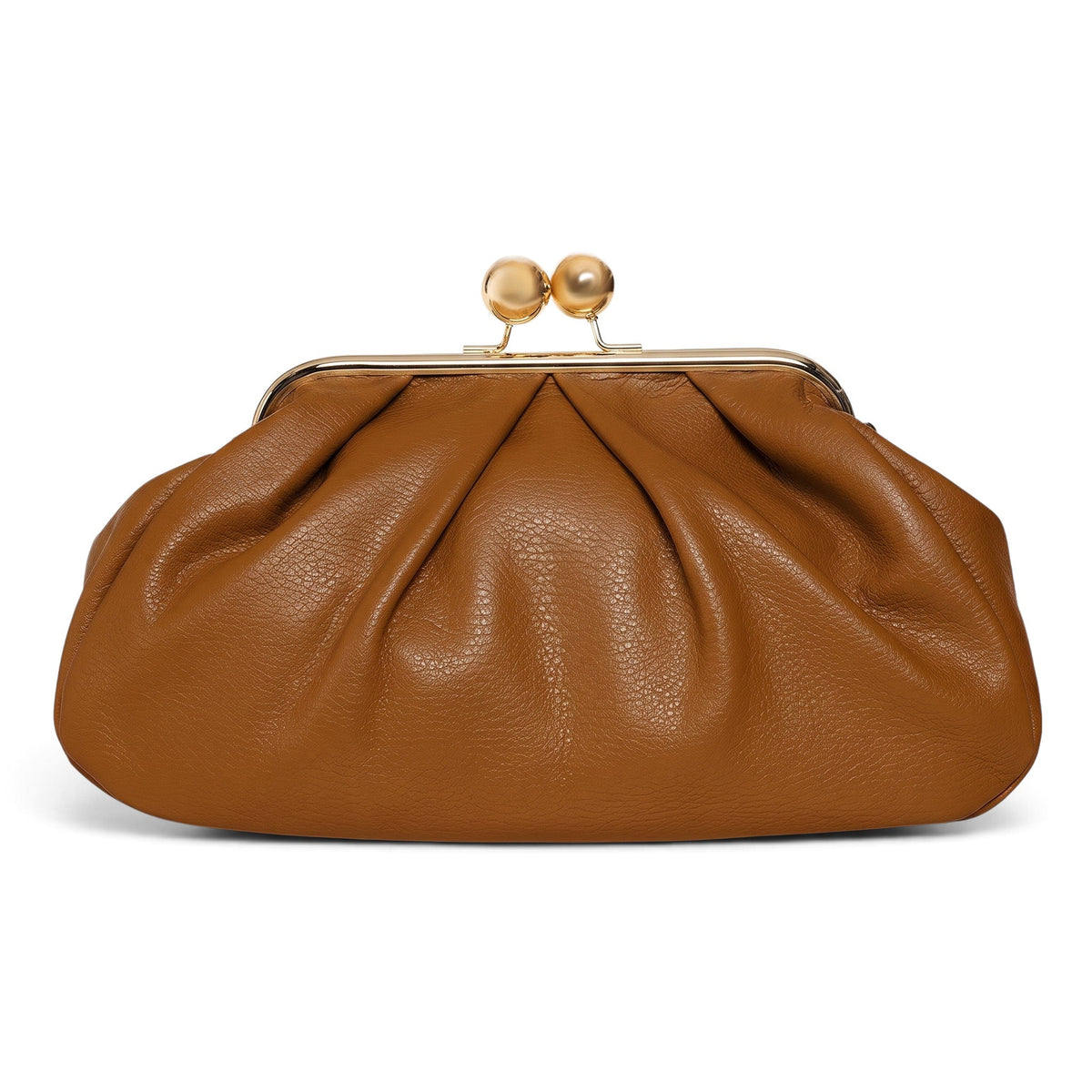 ShoeShop Pasticcino medium brown leather clutch bag with a gold-toned metal frame and spherical clasp closure.