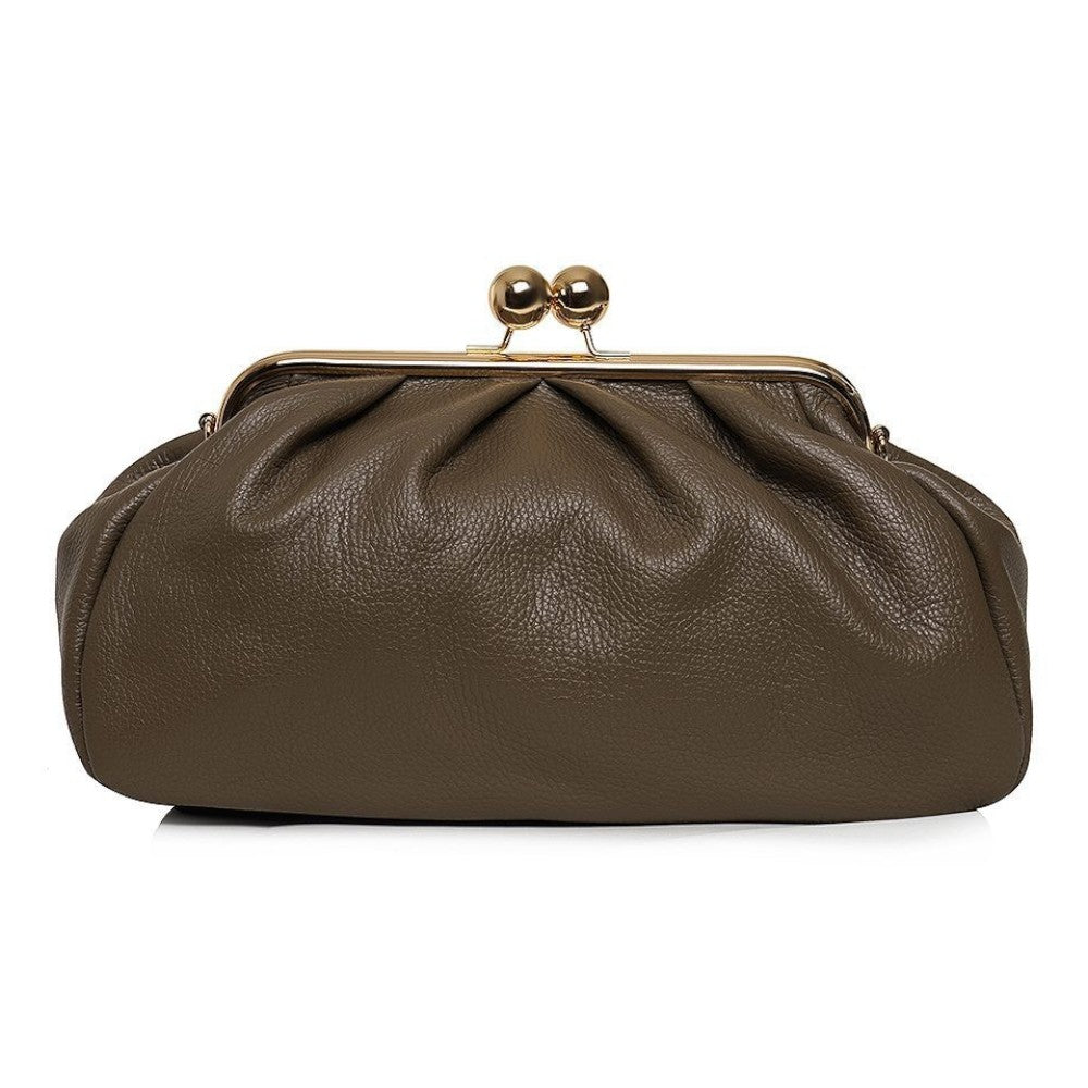 ShoeShop Pasticcino medium leather clutch bag in olive green with a gold-toned metal clasp closure