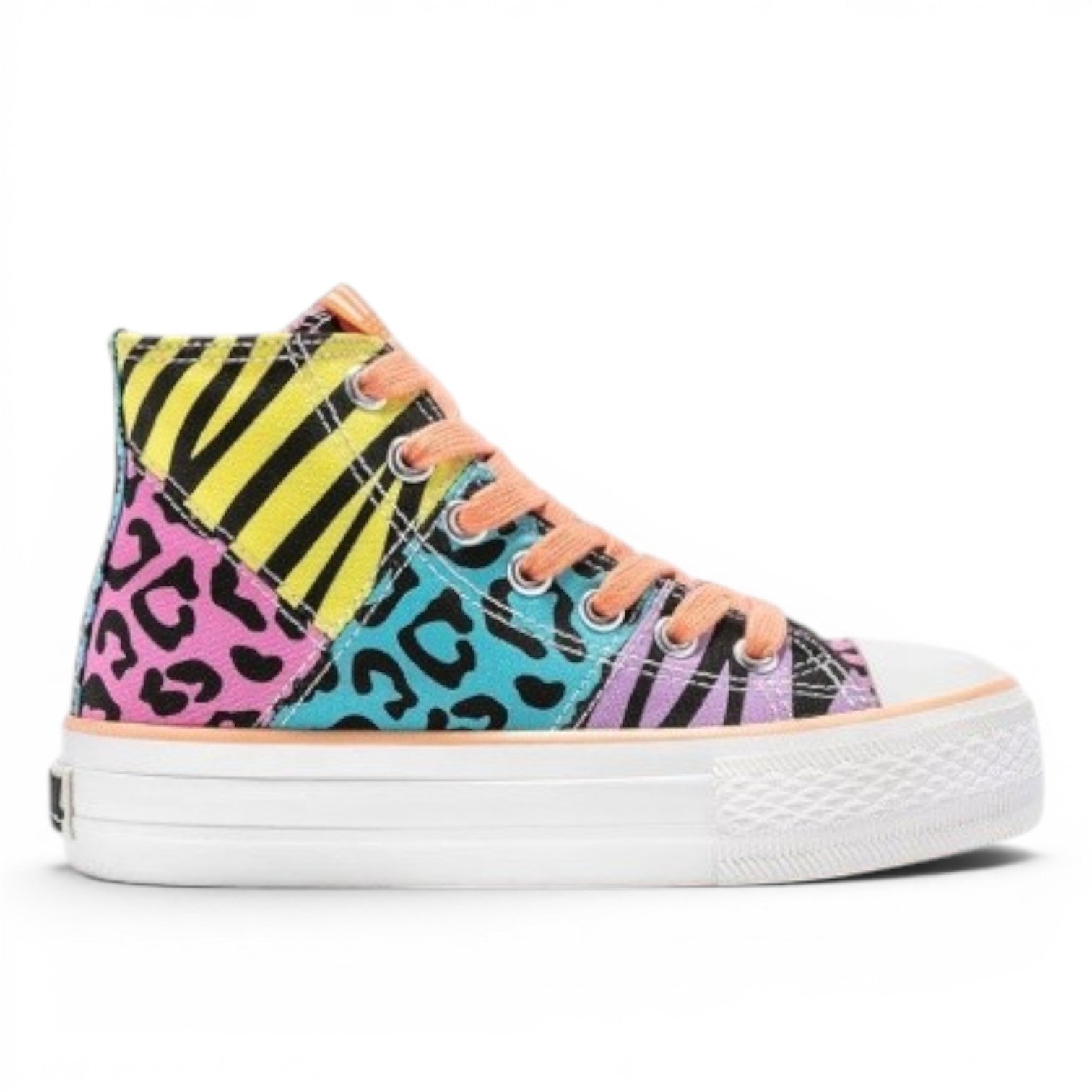 ShoeShop high top canvas sneakers with a patchwork of animal prints in pink, yellow, black, and teal, with orange laces.