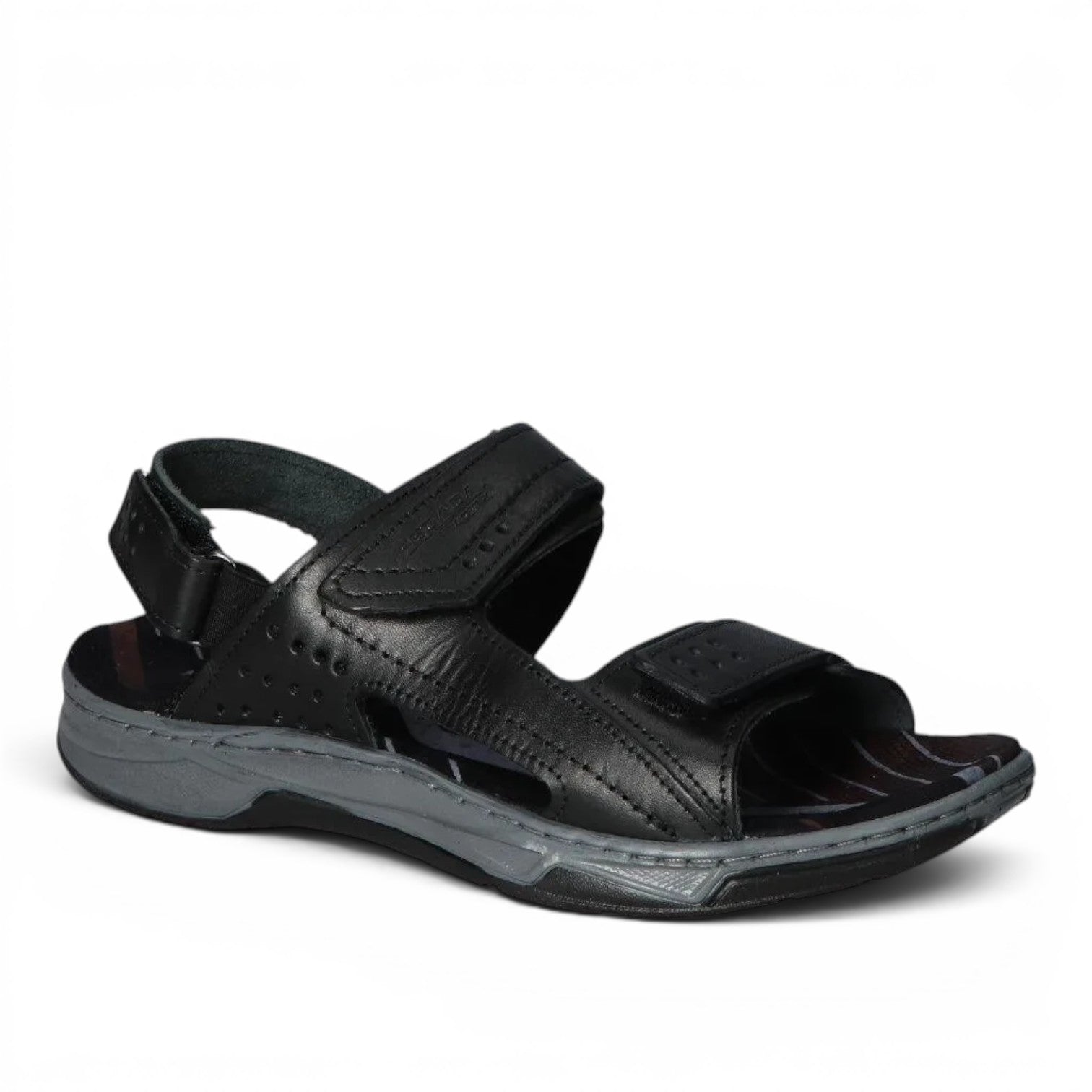 ShoeShop Pegada black leather sandals with adjustable velcro straps and a grey cushioned sole