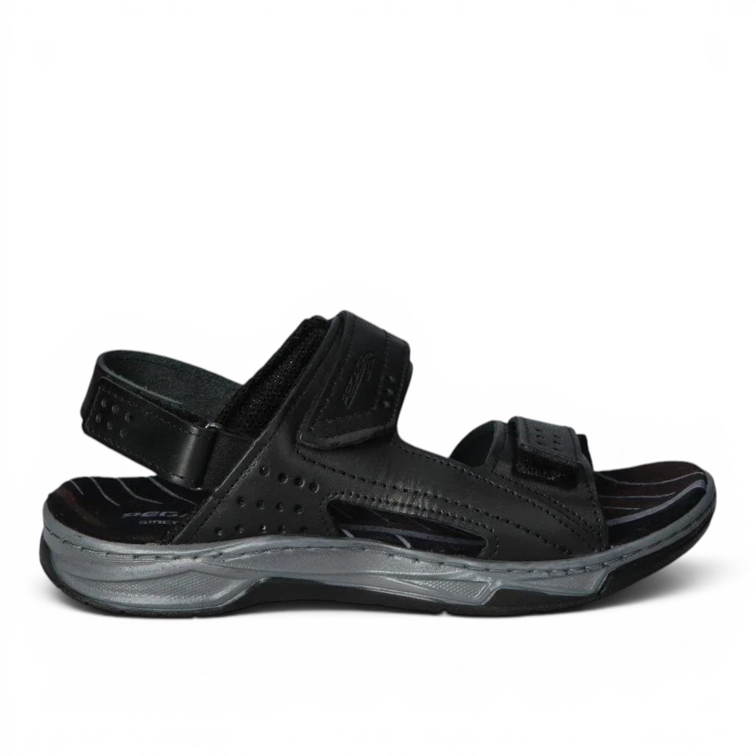 ShoeShop Pegada black leather men's sandals with adjustable velcro straps and a grey cushioned sole