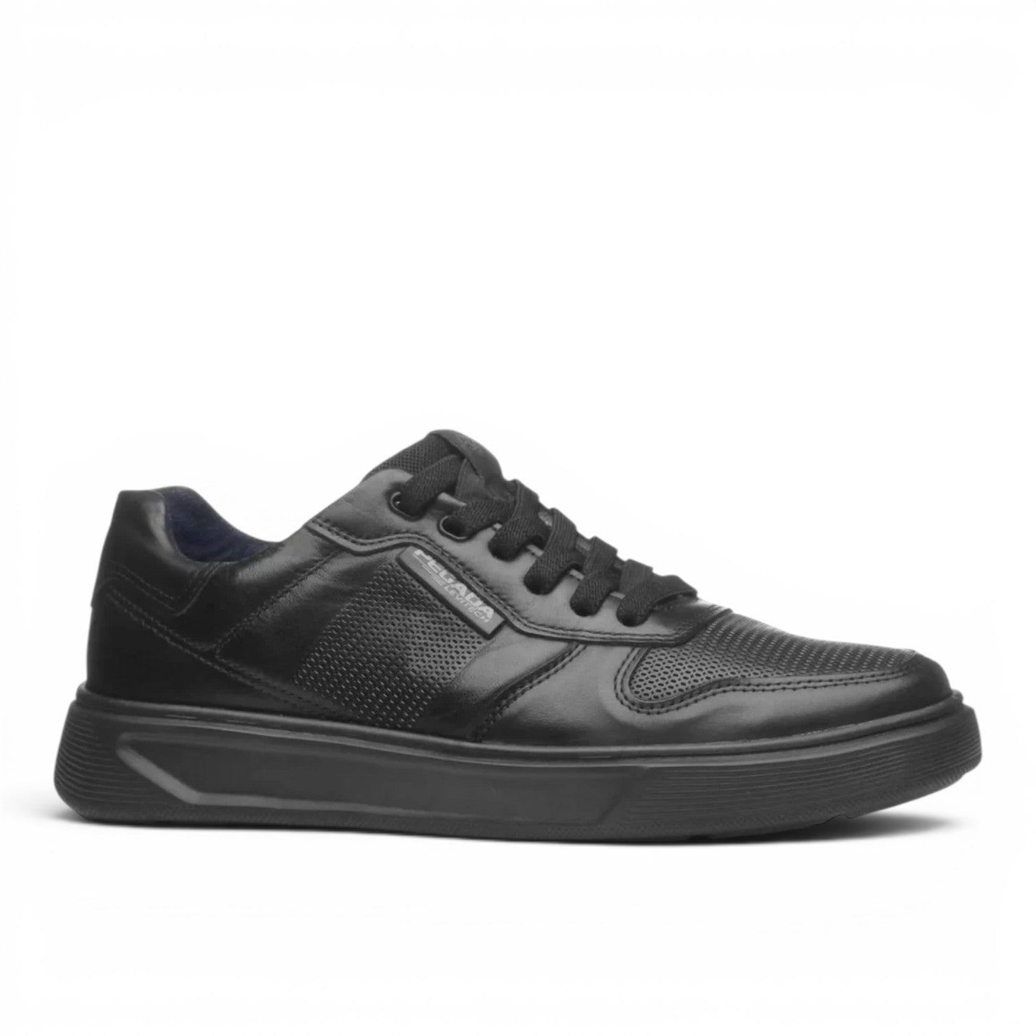 ShoeShop Pegada black leather sneakers with perforated detailing, textile lining, and a comfortable EVA sole.
