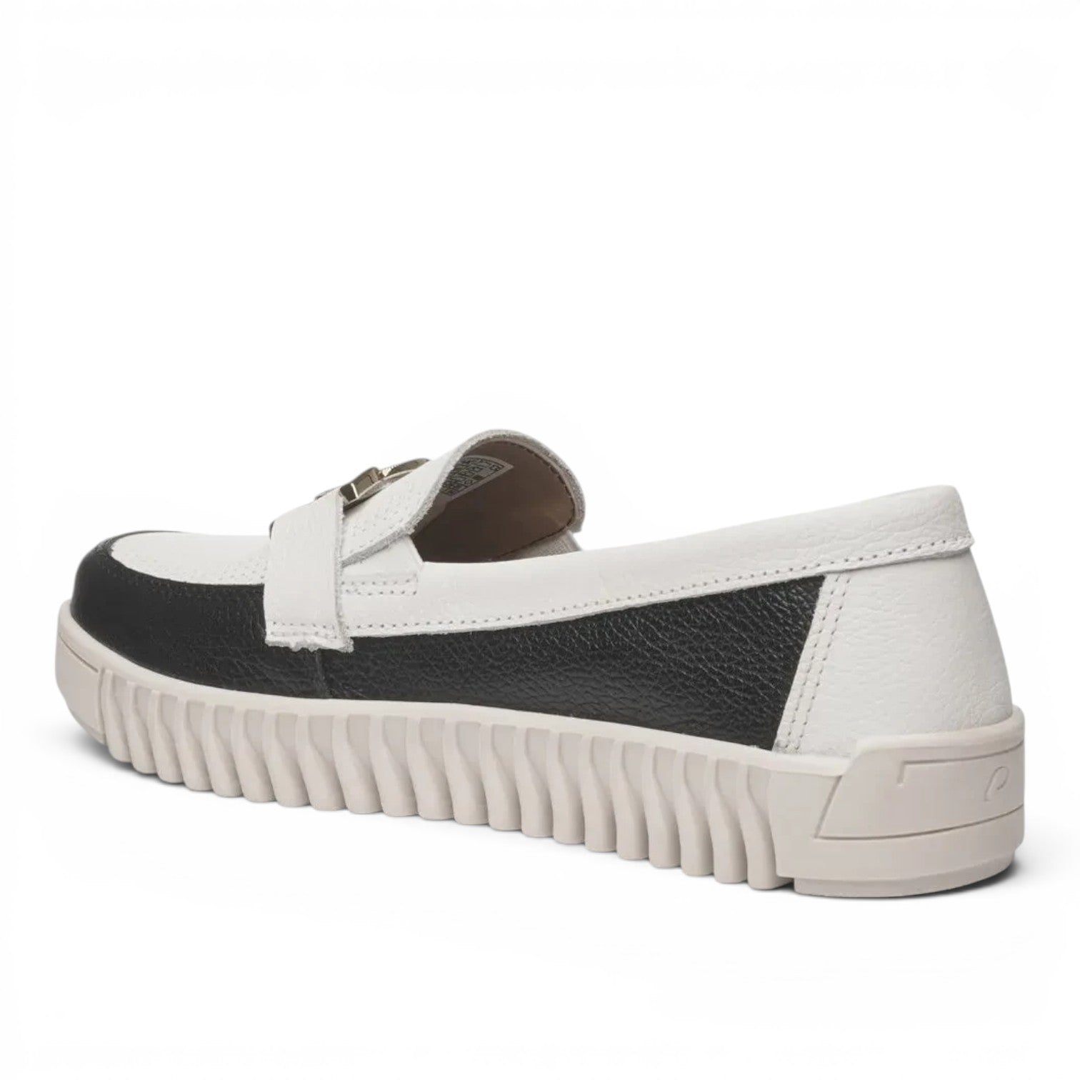 ShoeShop Pegada black and white leather loafer with a chunky ribbed platform sole, side view
