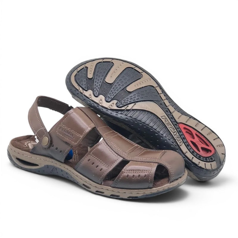 ShoeShop Pegada 131669-03 brown leather closed-toe sandals with adjustable heel strap and durable rubber sole