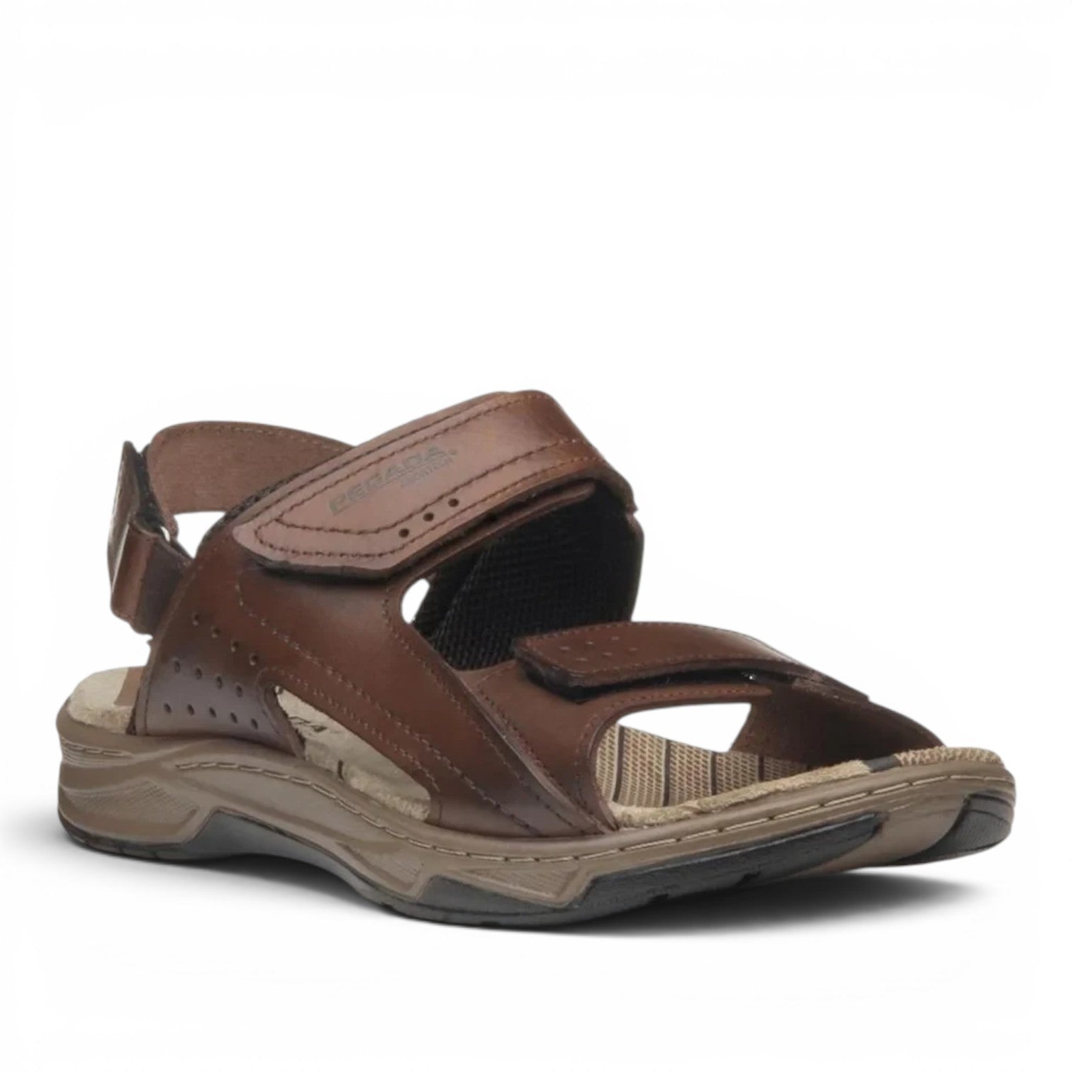 ShoeShop Pegada brown leather men's sandals with adjustable velcro straps and a comfortable cushioned sole