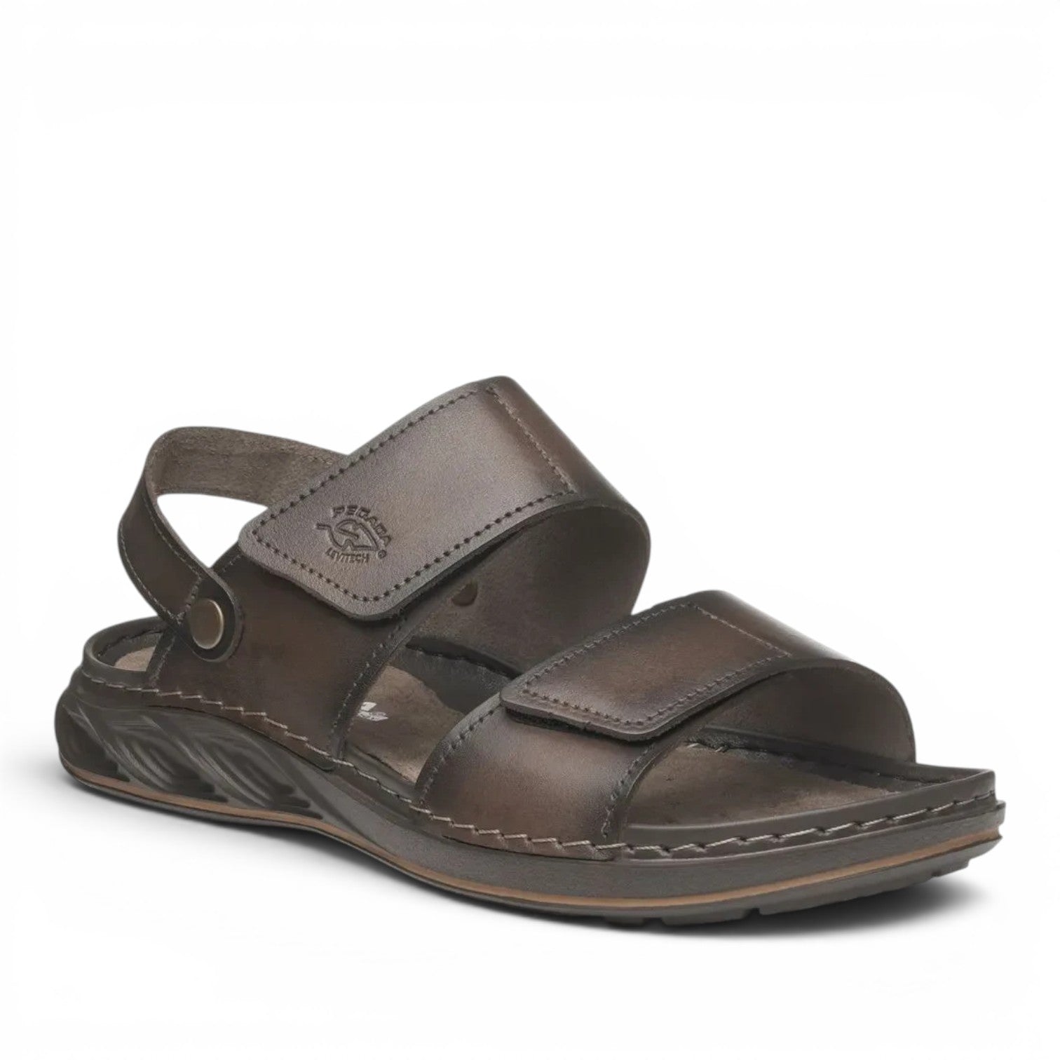 ShoeShop Pegada brown leather sandals with adjustable velcro straps and durable rubber sole