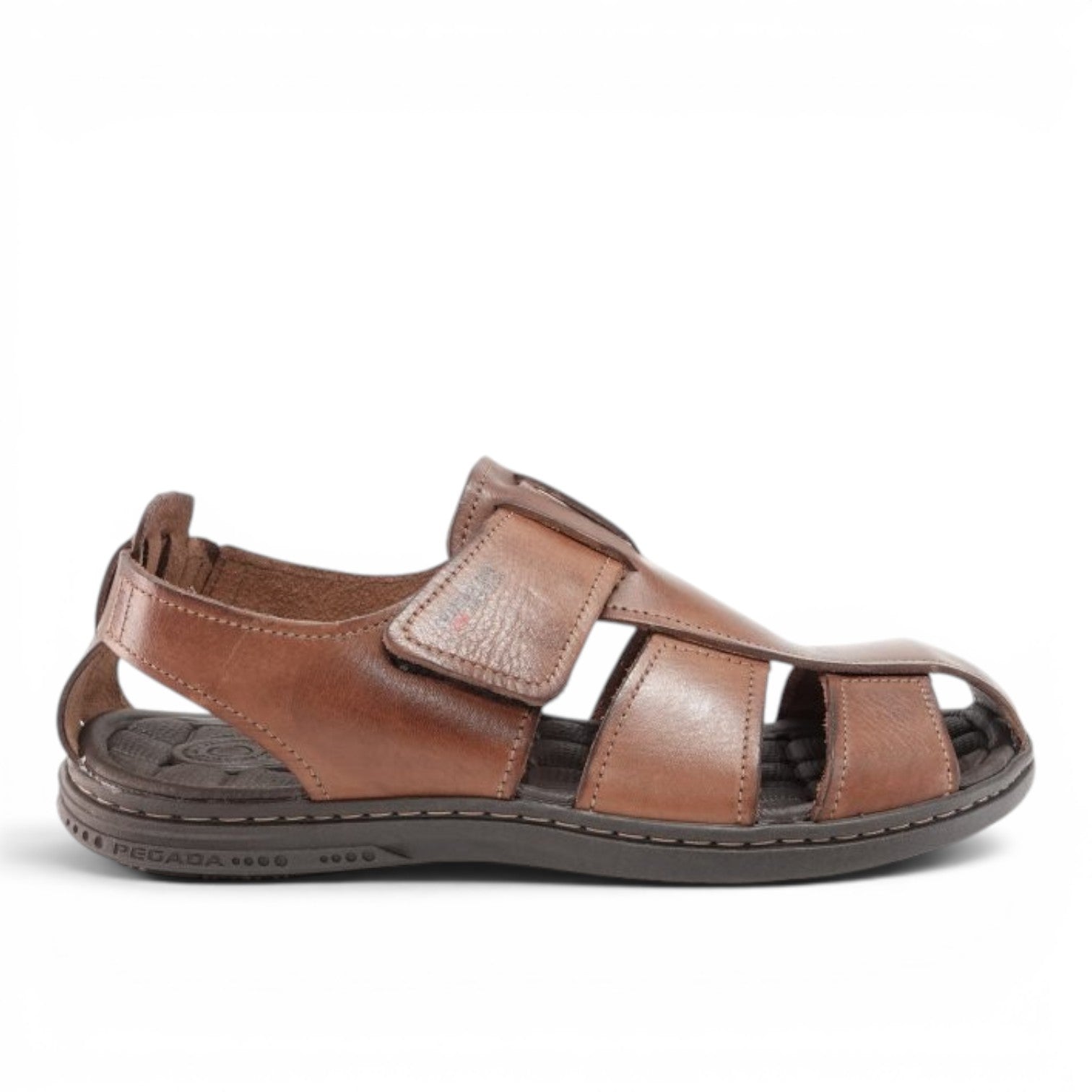 ShoeShop Pegada 131287-01 brown leather men's sandals with adjustable hook-and-loop strap and cushioned sole