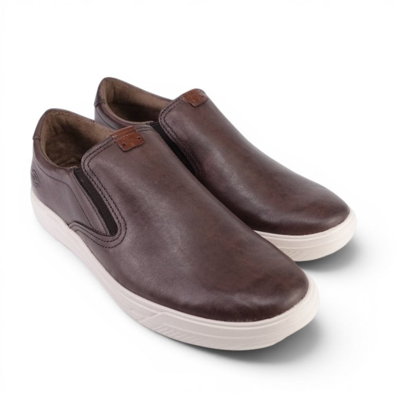 ShoeShop Pegada 110402-02 brown leather slip-on shoes with elastic side panels and a white rubber sole