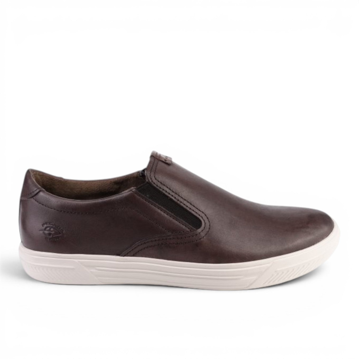 ShoeShop Pegada 110402-02 dark brown leather slip-on sneakers with white rubber soles and elastic side panels