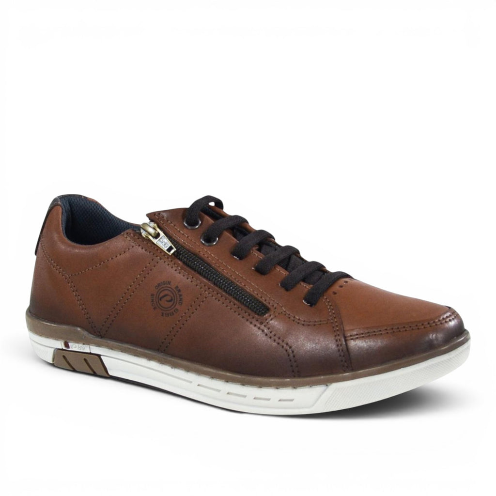 ShoeShop Pegada brown leather casual sneaker with side zipper detail and white rubber sole