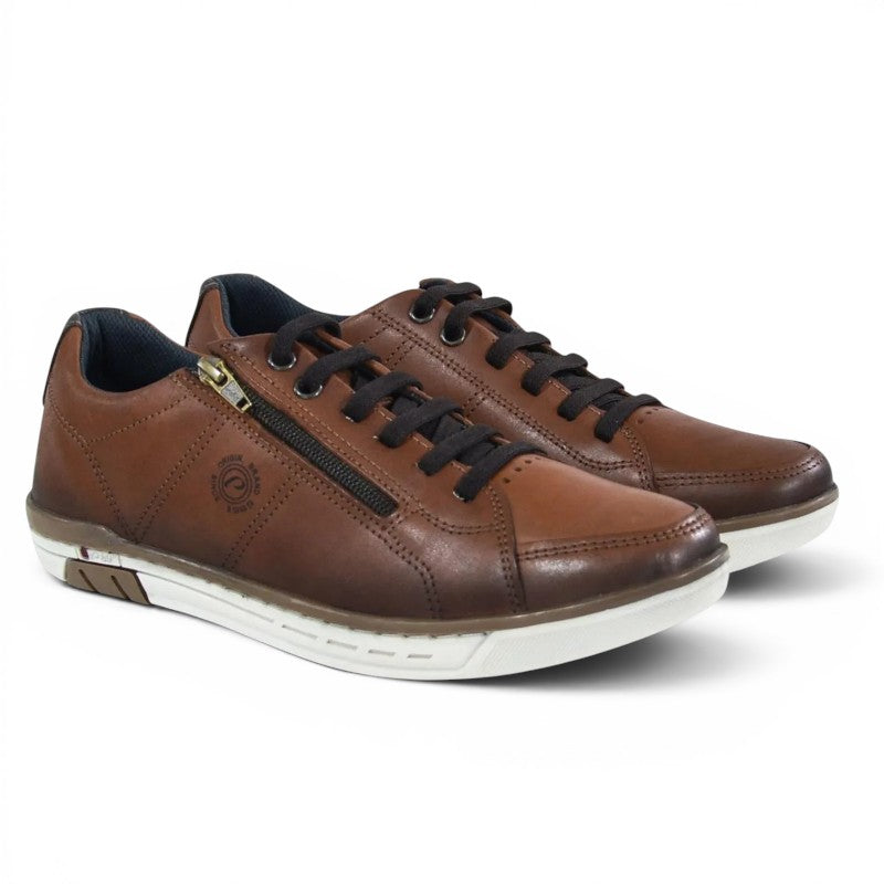 ShoeShop Pegada brown leather sneakers with side zipper and white rubber sole