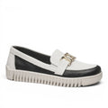 ShoeShop Pegada white and black leather loafers with a gold-tone metal buckle and thick ribbed rubber sole