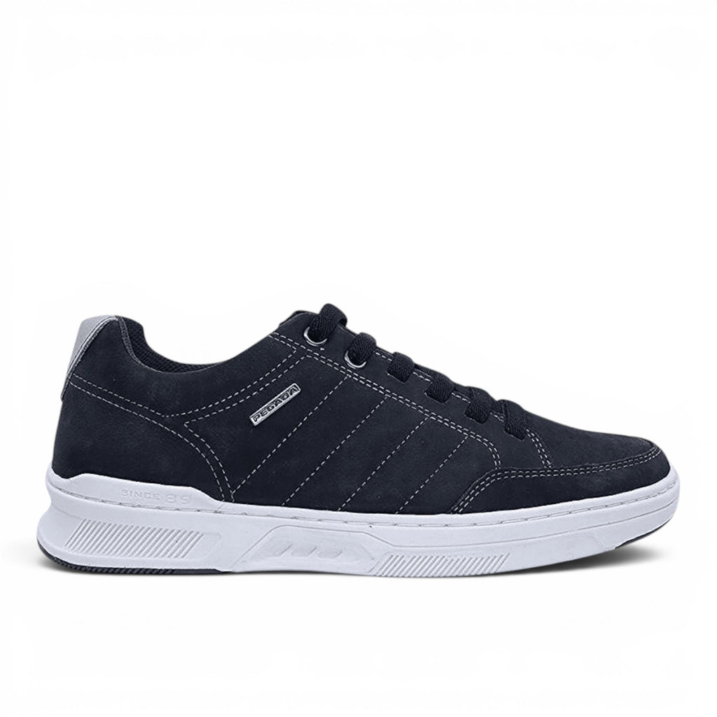 ShoeShop Pegada 110604-09 men's navy blue suede casual sneakers with white rubber soles and side stitching detail.