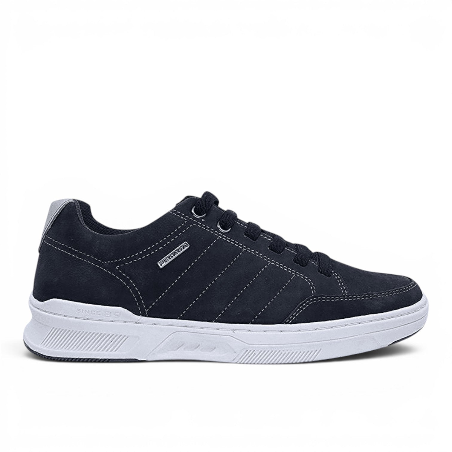 ShoeShop Pegada 110604-09 men's navy blue suede casual sneakers with white rubber soles and side stitching detail.