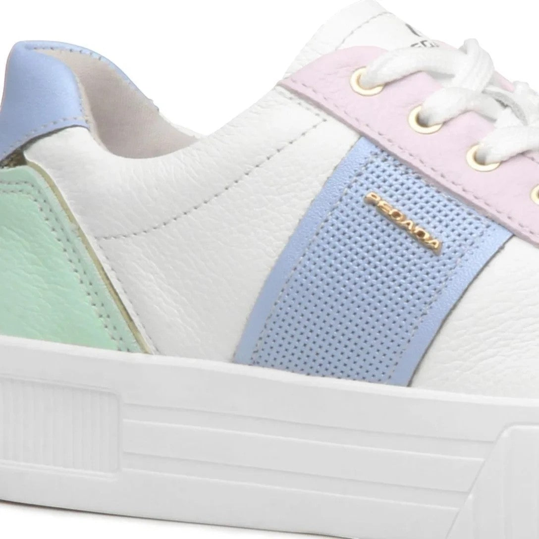 ShoeShop Pegada white leather sneakers with pastel blue, pink, and green accents and a thick white platform sole.