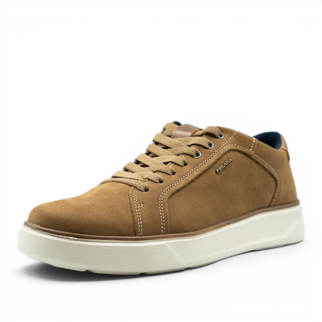 ShoeShop Pegada 110931-09 tan nubuck leather casual sneakers with white rubber sole and lace-up closure