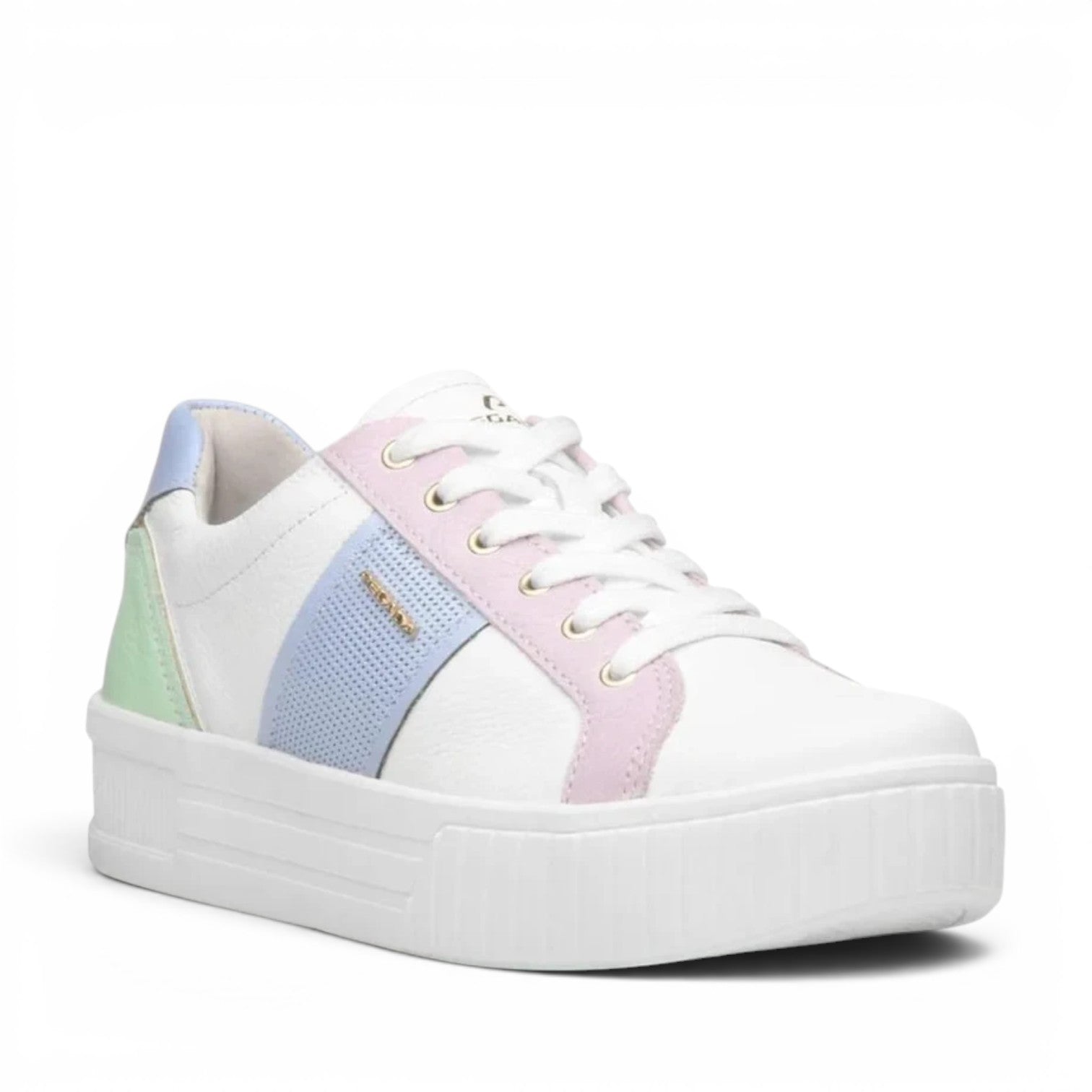 ShoeShop Pegada white platform sneakers with pastel blue, pink, and green accents and lace-up closure