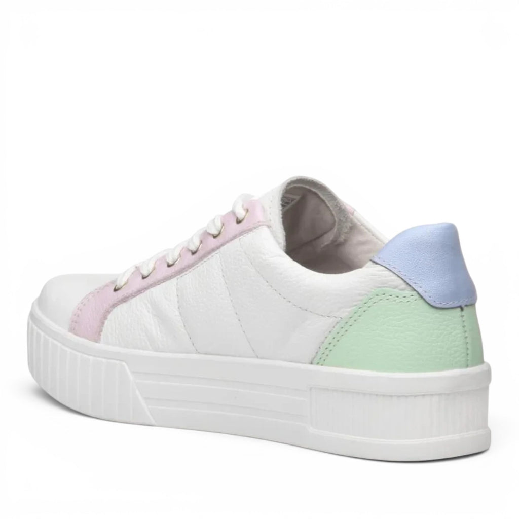 ShoeShop Pegada white leather platform sneakers with pastel pink, blue, and green accents