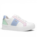ShoeShop Pegada white leather sneakers with pastel pink, blue, and green accents and a thick platform sole.