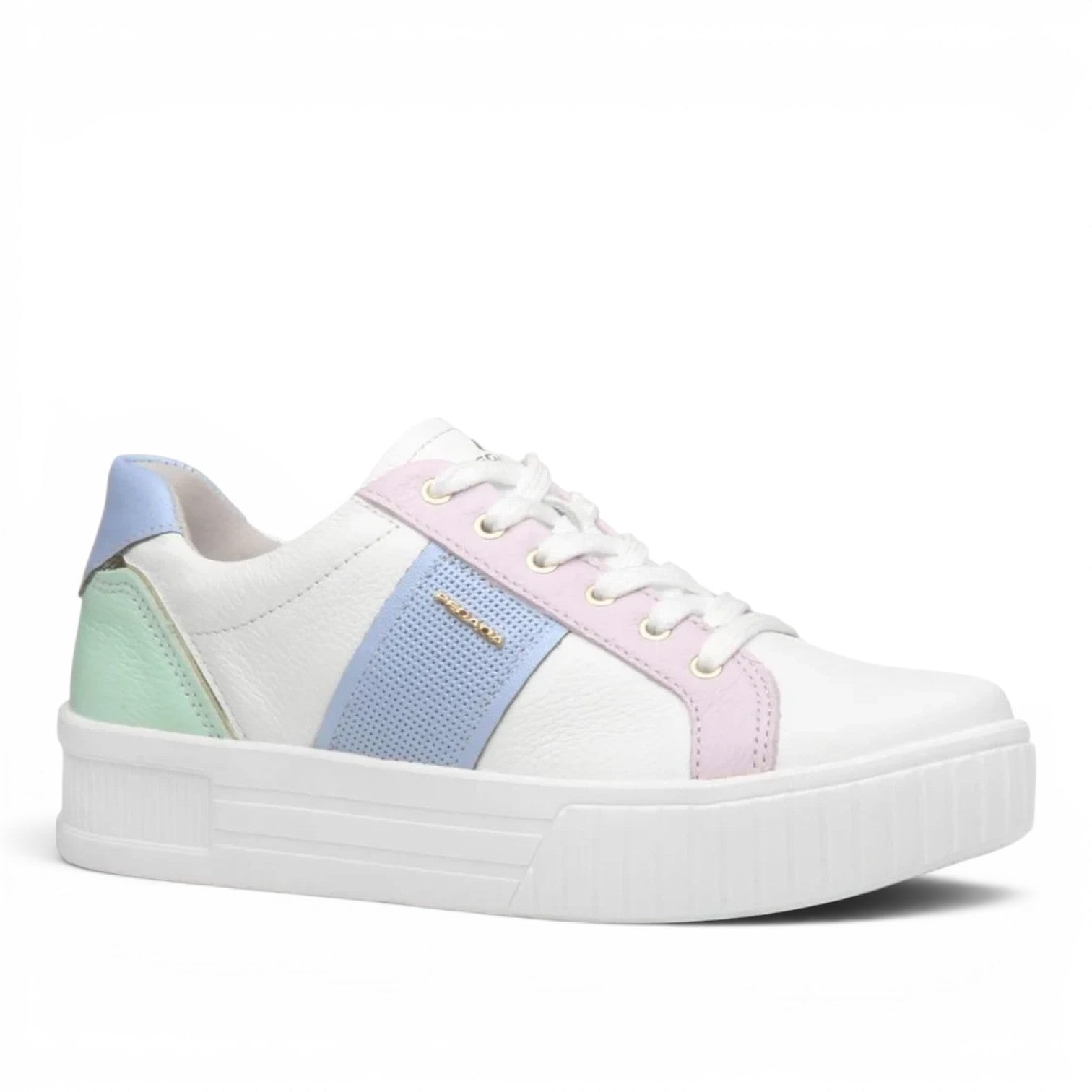 ShoeShop Pegada white leather sneakers with pastel pink, blue, and green accents and a thick platform sole.