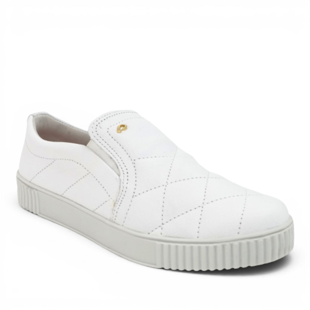 ShoeShop Pegada white quilted slip-on sneaker with gold logo detail and textured rubber sole