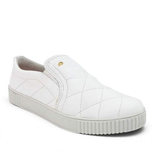 ShoeShop Pegada white quilted slip-on sneaker with gold logo detail and textured rubber sole