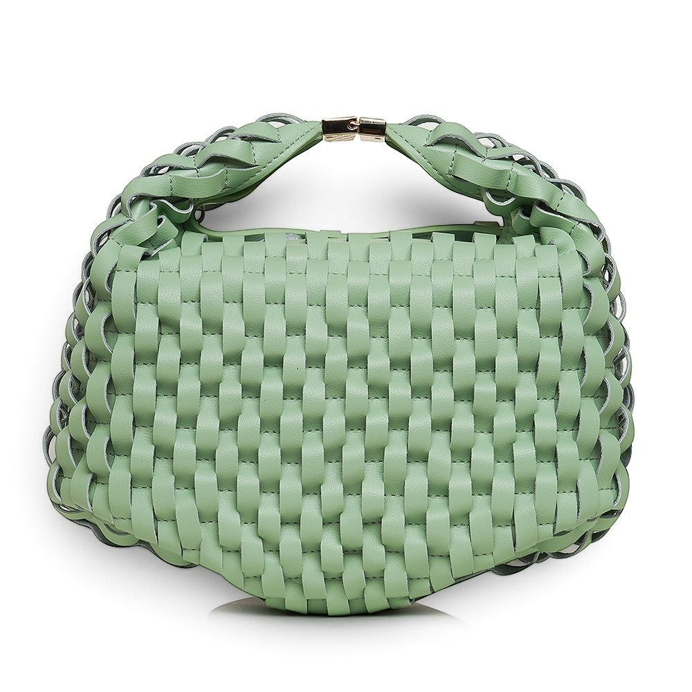 ShoeShop Penta light green woven leather handbag with a magnetic closure and detachable shoulder strap.