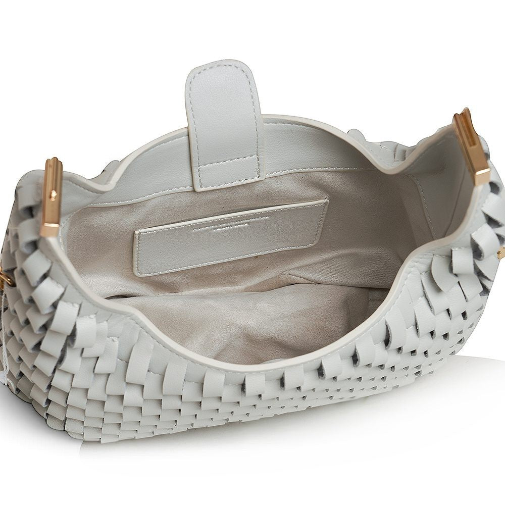 ShoeShop Penta light grey woven leather handbag with textile lining and magnetic button closure