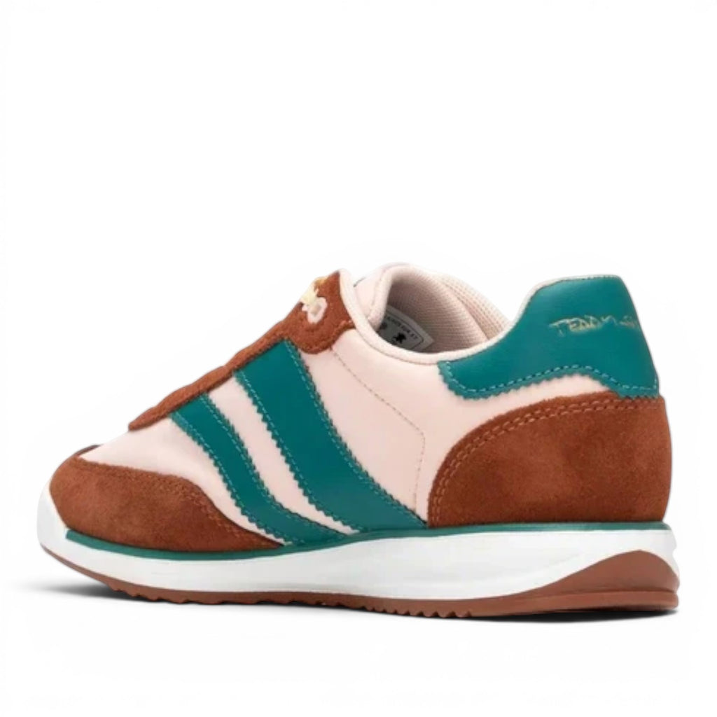 ShoeShop pink and brown leather and textile sneakers with teal stripes and white sole.