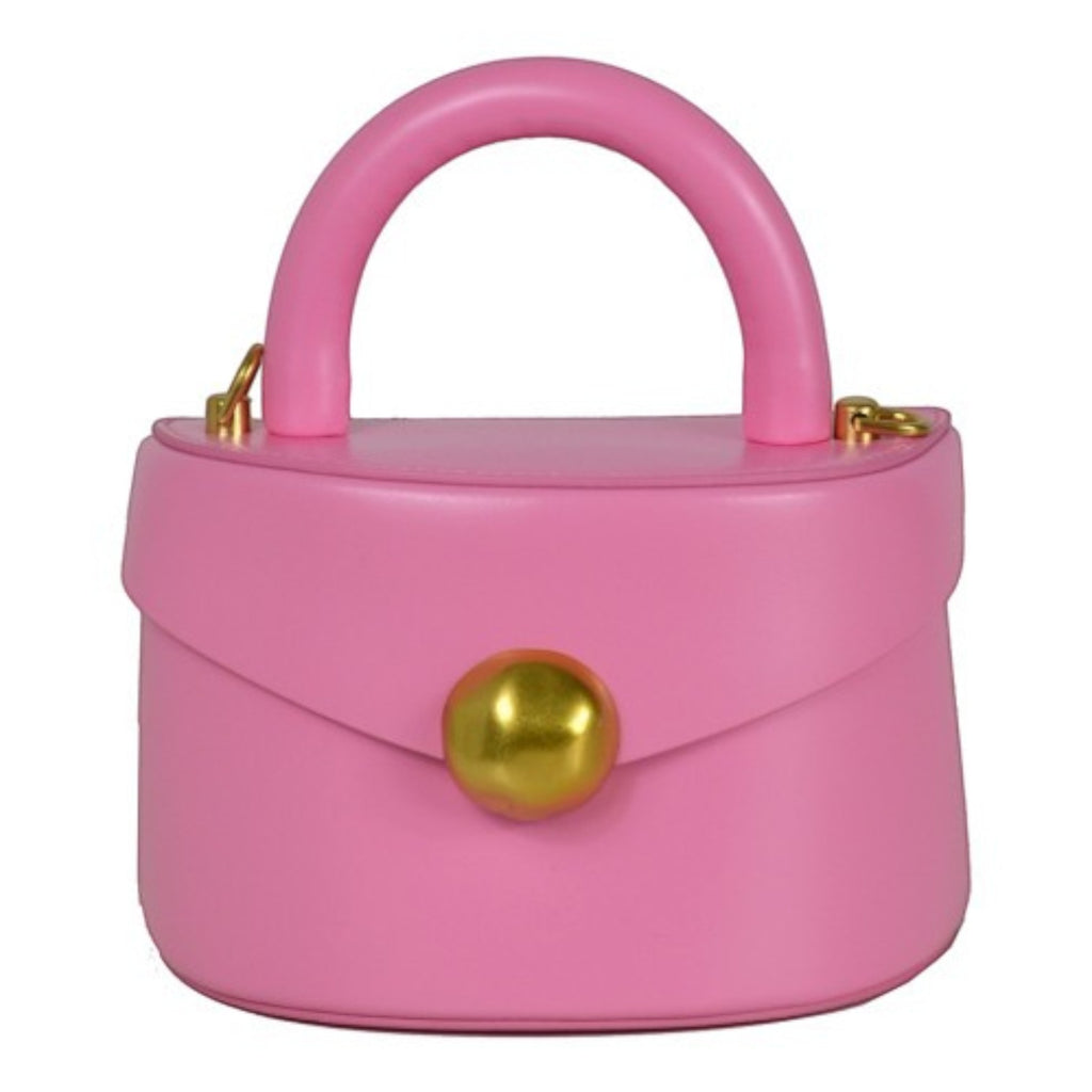 ShoeShop pink leather handbag with a rounded top handle, gold magnetic button closure, and detachable shoulder strap.