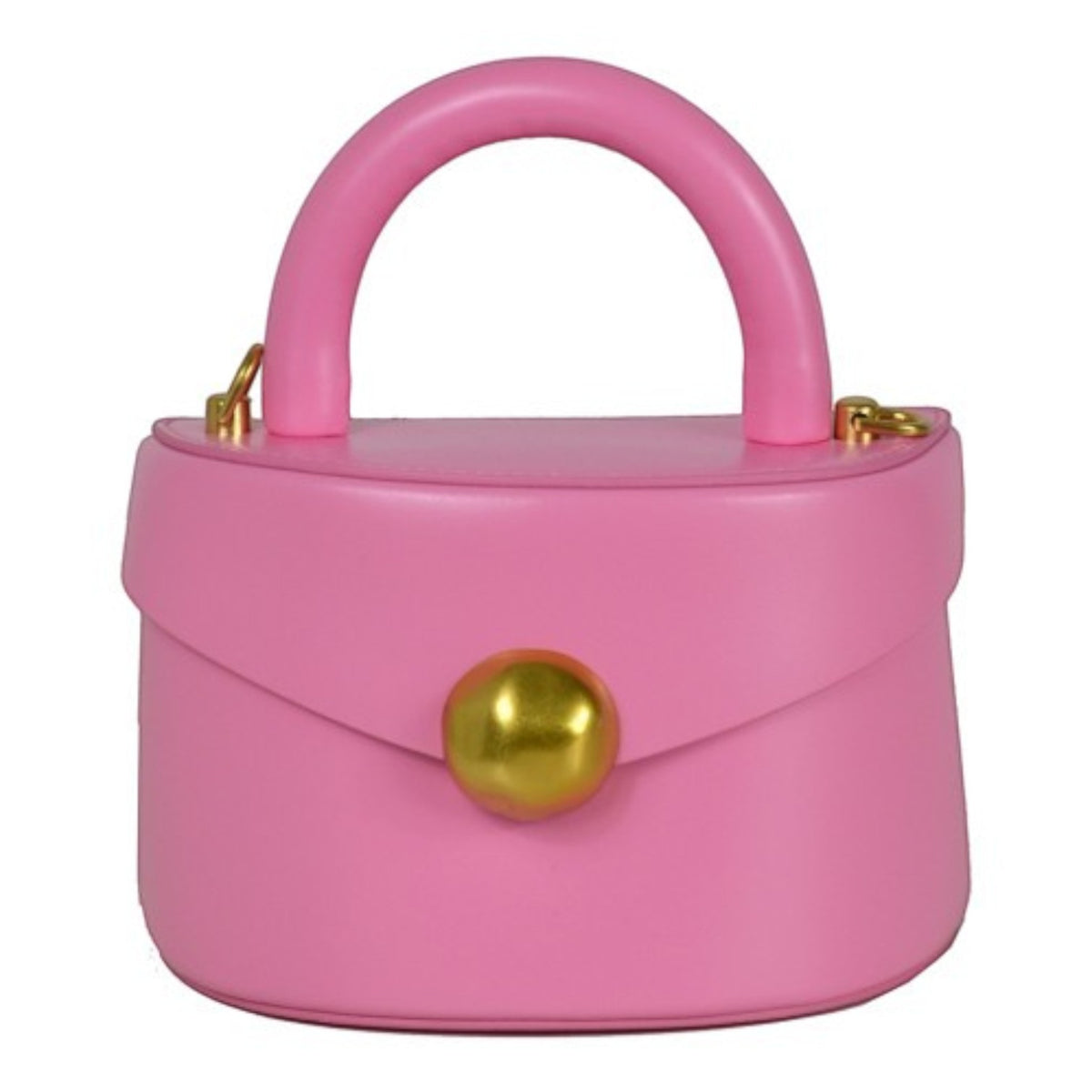 ShoeShop pink leather handbag with a rounded top handle, gold magnetic button closure, and detachable shoulder strap.