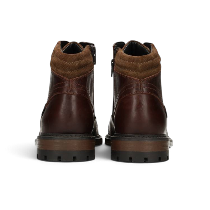 ShoeShop Poelman HOMBRE-26 brown leather ankle boots with a padded collar and rugged lug sole, rear view