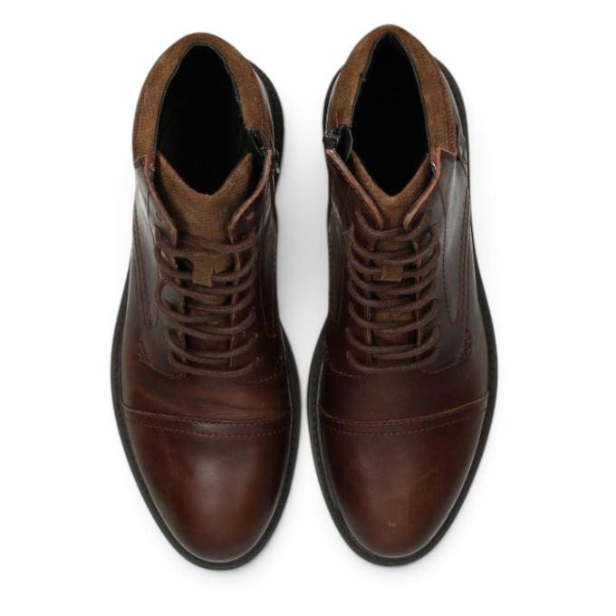 ShoeShop Poelman HOMBRE-26 brown leather lace-up ankle boots with suede detailing, top-down view.