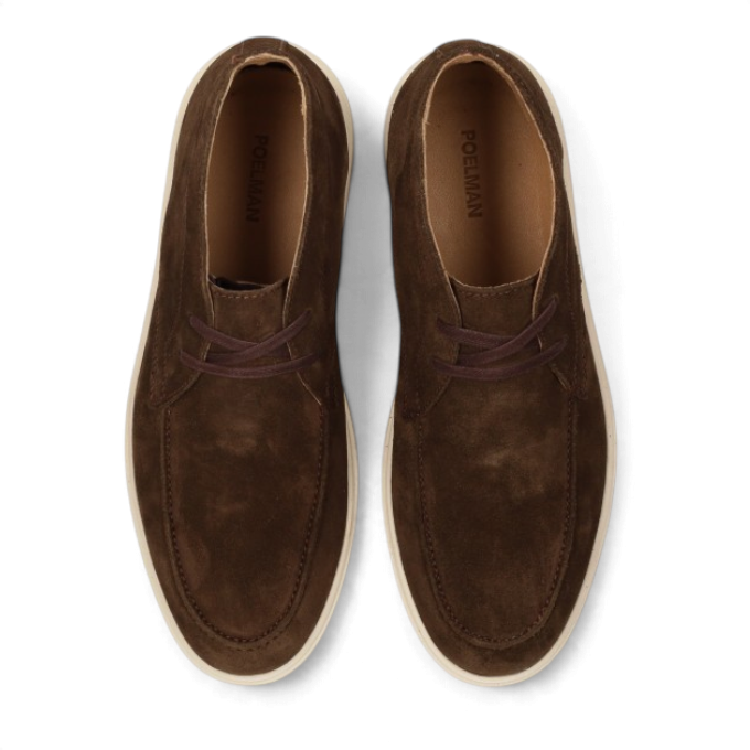ShoeShop Poelman LIAM-29 dark brown suede desert boots with a white rubber sole, top-down view