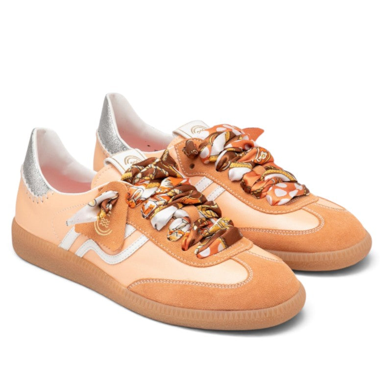 ShoeShop Primabase 51505 peach leather and suede sneakers with patterned ribbon laces and gum rubber soles.