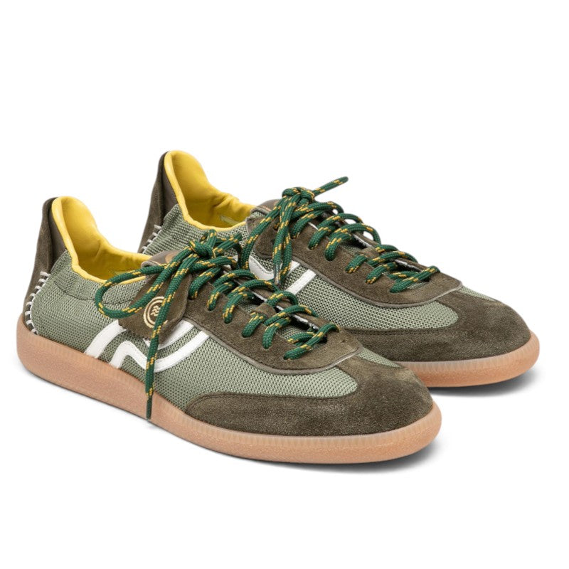 ShoeShop Primabase Borg retro-style men's sneakers in olive green suede and mesh with yellow accents and gum sole.