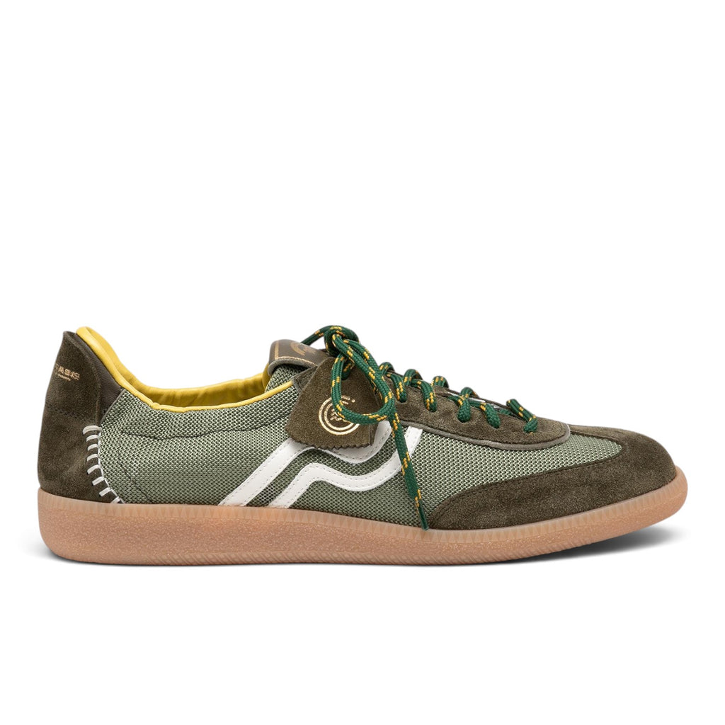 ShoeShop Primabase Borg retro-style men's sneakers in olive green leather and textile with a gum rubber sole.