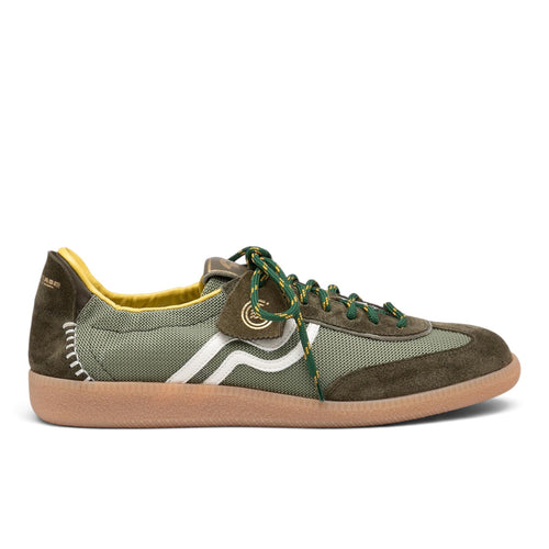 ShoeShop Primabase Borg retro-style men's sneakers in olive green leather and textile with a gum rubber sole.