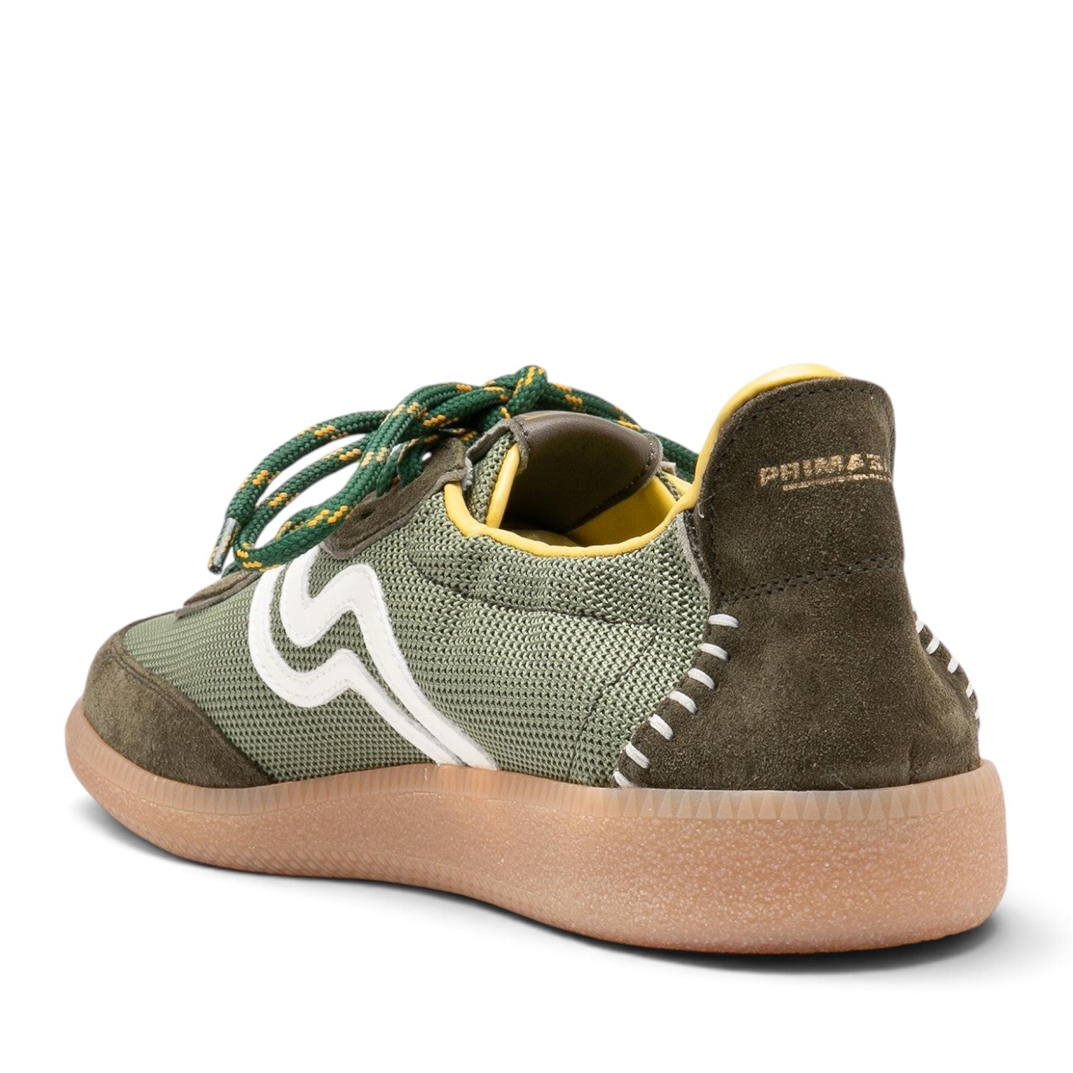 ShoeShop Primabase 51451 retro-style men's sneakers in olive green leather and mesh with a gum rubber sole.