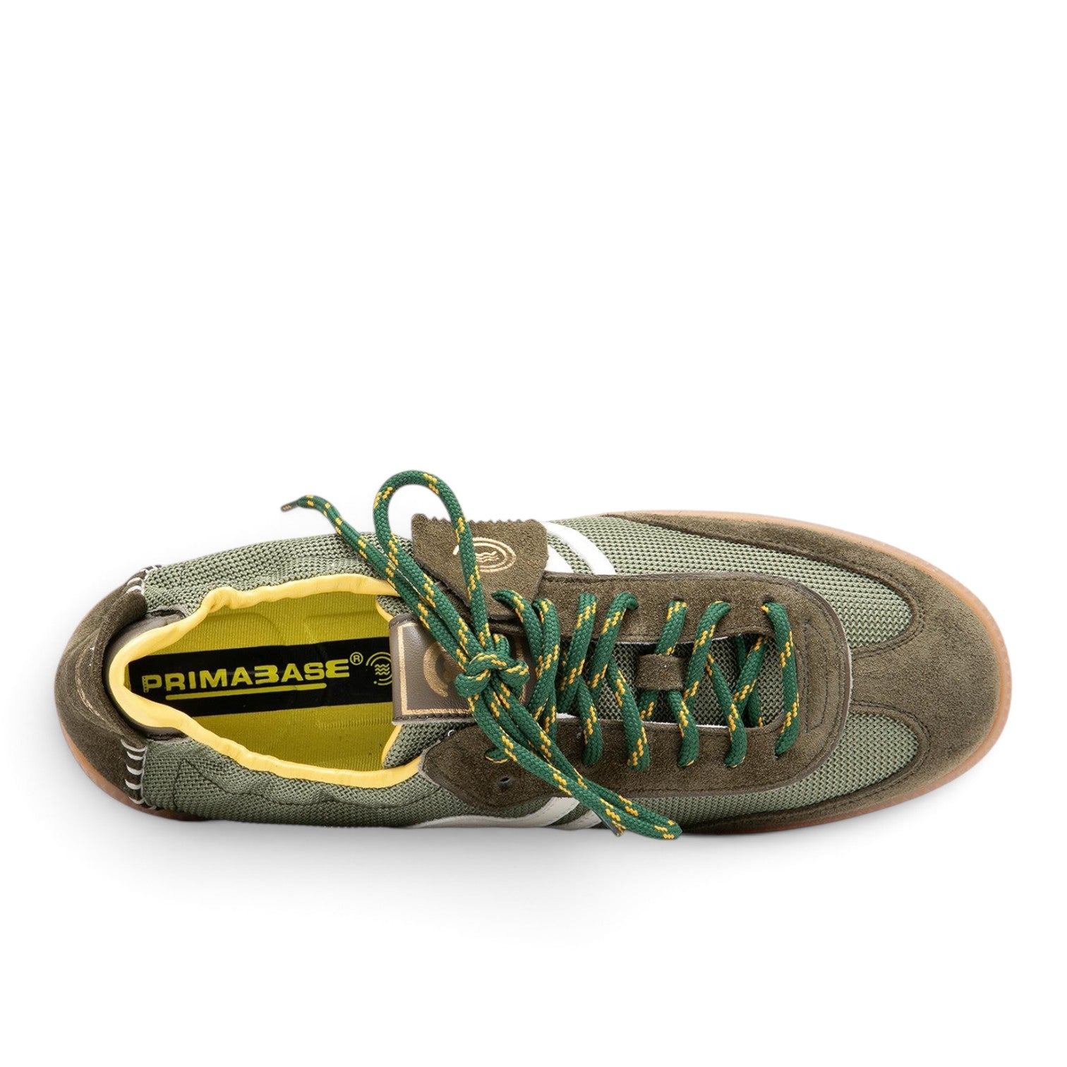 ShoeShop Primabase 51451 retro-style men's sneakers in olive green leather and textile with yellow lining.
