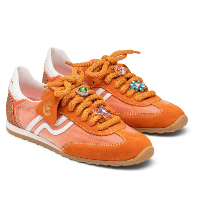 ShoeShop Primabase 51500 orange suede and mesh running sneakers with jeweled laces and vintage 1970s style rubber sole