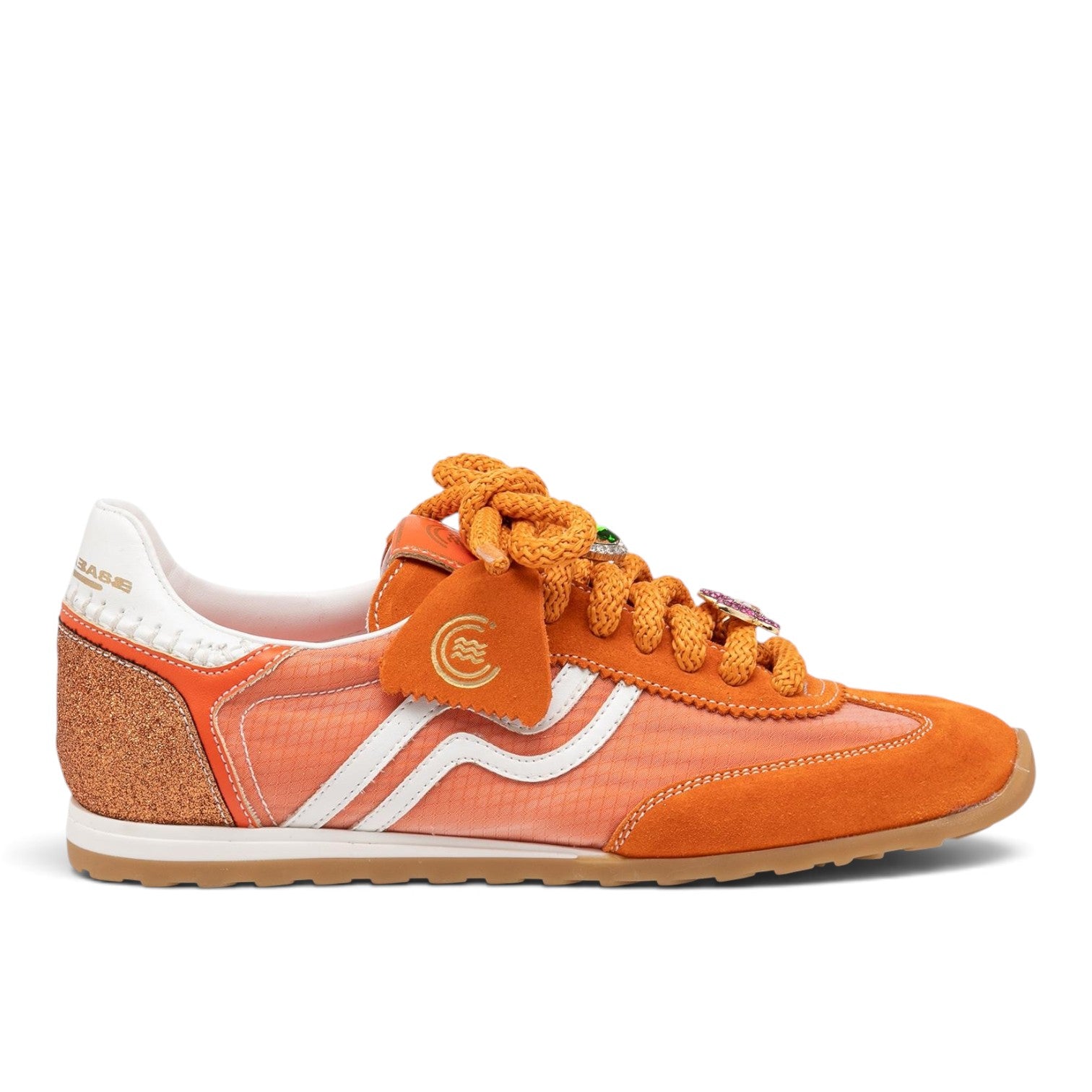 ShoeShop Primabase 51500 orange vintage-style running sneakers with mesh, suede, and jeweled lace details.