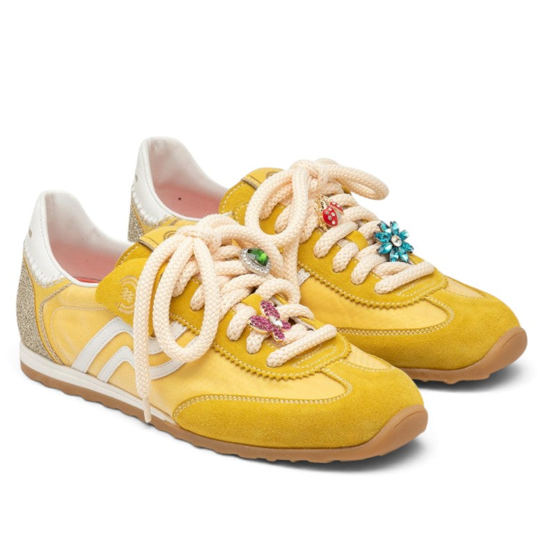 ShoeShop Primabase 51500 yellow suede and mesh running sneakers with decorative jewel charms on thick white laces