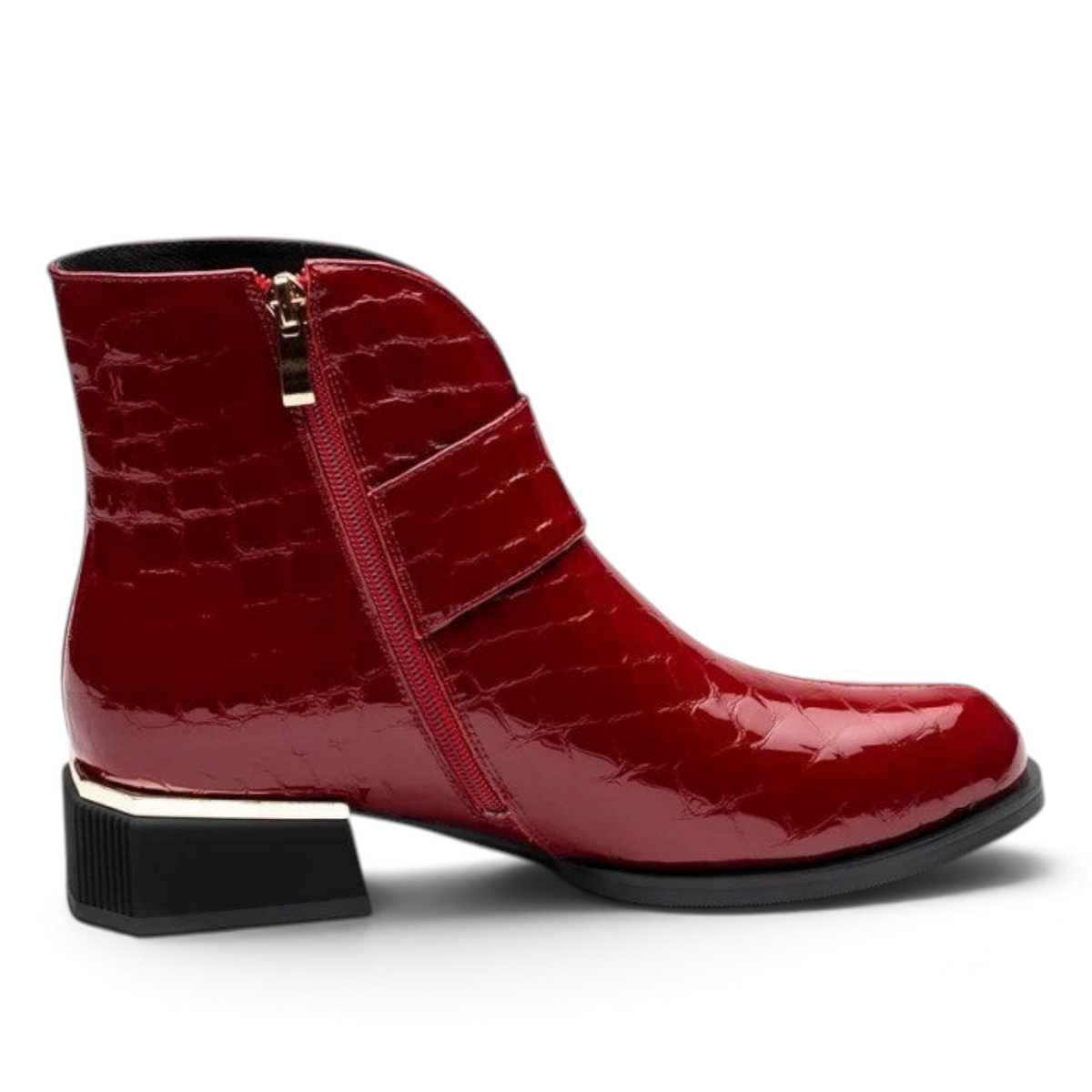 ShoeShop Uncle Paul Carmen deep red patent leather ankle boots with crocodile pattern and gold buckle detail