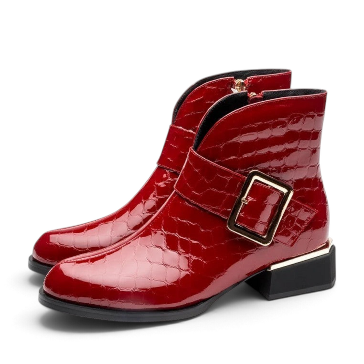 ShoeShop Uncle Paul Carmen deep red patent leather ankle boots with crocodile texture and gold buckle detail.
