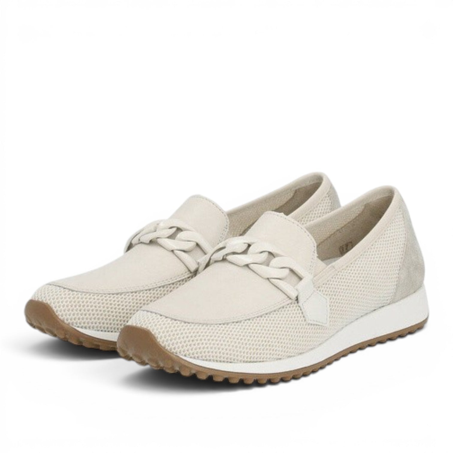 ShoeShop Remonte D3108-60 beige slip-on loafers with a decorative chain detail and textured mesh upper