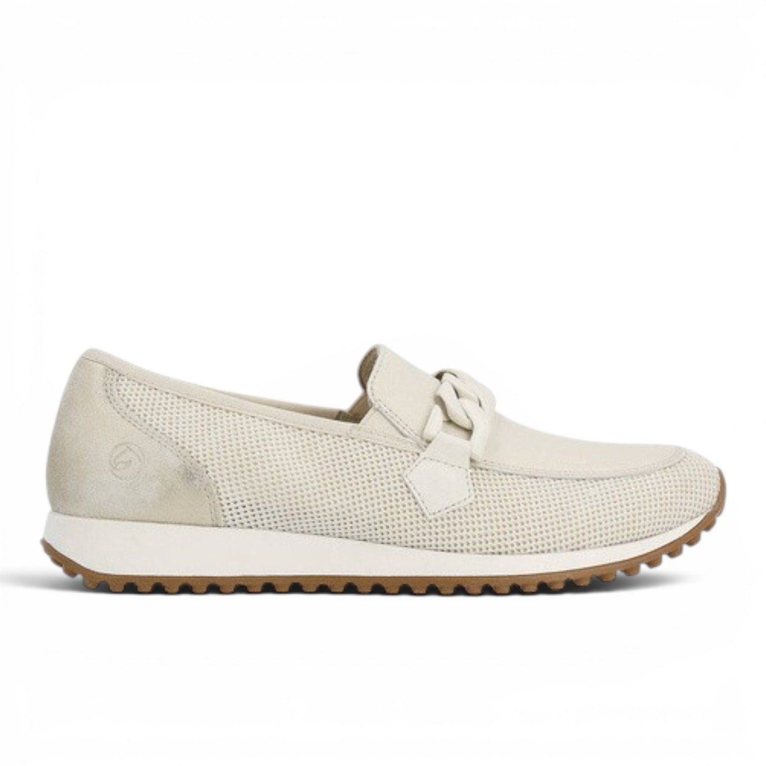 ShoeShop Remonte D3108-60 beige slip-on loafers with mesh texture, chain detail, and a white lugged rubber sole.